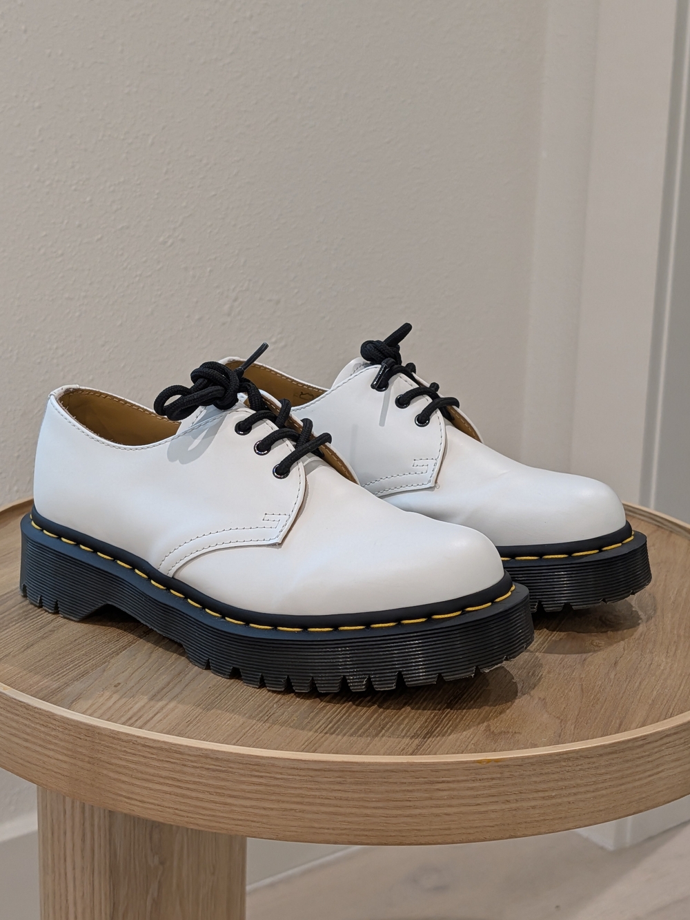 Dr. Martens White Leather Lace-Up Platform Oxfords with Platform Black Lug Sole